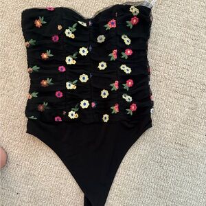 Lovers + Friends Black Embroidered Bodysuit
